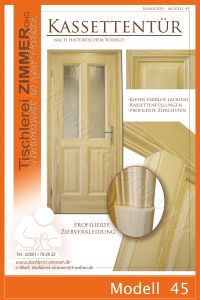 traditionelle Kassettentüren/Innentüren/Massivholztüren aus Kiefer mit 4er Kassettenteilung (oben Glas) farblos lackiert