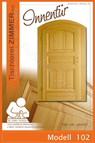 Kassettentür (Innentür, Zimmertür) Massivholztür mit Bogen aus Kiefer natur gewachst - Modell 102