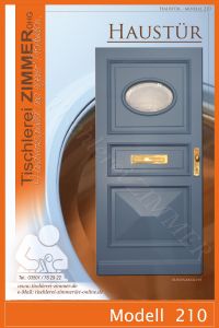 Haustür in Blau mit Pyramidenfüllung, Briefschlitz und rundem Glaseinsatz