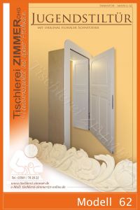 Jugendstiltür: Kassettentür in Weiß mit floraler Schnitzerei, Nachbau nach historischer Jugendstil-Vorlage - Modell 62