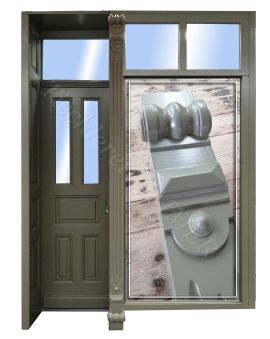 Nachbau alte Ladeneingangstür mit Zierbalken nach historischer Vorlage