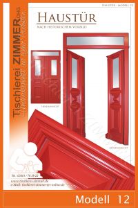 zweiflügelige Haustür mit Pyramidenfüllungen nach historischem Vorbild in Rot - Modell 12