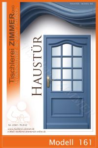 Haustür blau lackiert mit Glaseinsatz und geschwungenem Zierprofil - Modell 161