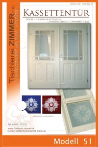 zweiflügelige Kassettentür mit geschliffenen Glas und Musselinglas (Massivholz)