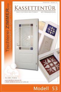 Kassettentür mit farbigen Glasscheiben und Musselinglas nach hist.Vorbild