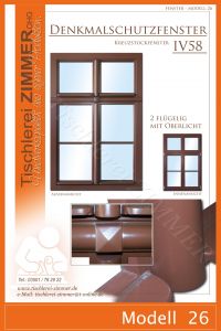 Modell 26 - dunkelbraunes Kreuzstockfenster  IV58 (2 Fensterflügel + 1 Oberlicht) - Denkmalschutzfenster - Tischlerei Zimmer