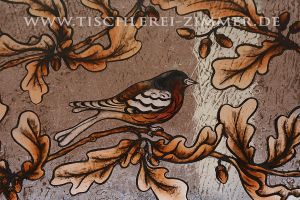 Glasmalerei: Eichenlaub mit Fink