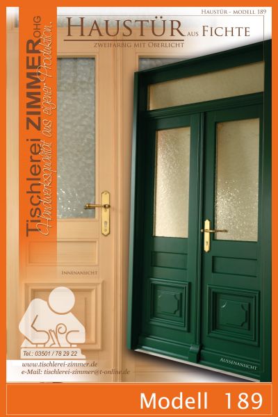 zweiflügelige zweifarbige Haustür aus Fichte (außen grün lackiert - innen farblos)