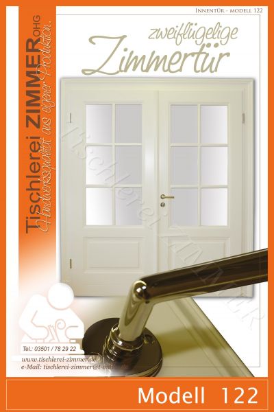 zweiflügelige Kassettentür (Innentür, Zimmertür) in Weiß mit Sprossen und Glasflächen - Modell 122