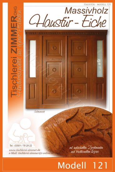 zweiflügelige Haustür aus Massivholz Eiche mit 2 festen Seitenteilen und Zinnenfries Modell 121