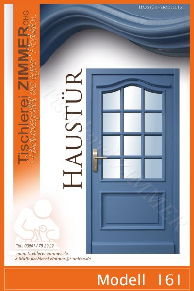Haustür blau lackiert mit Glaseinsatz und geschwungenem Zierprofil - Modell 161