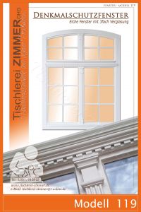 Denkmalschutzfenster (Segmentbogenfenster) aus Eiche mit 3fach Verglasung, mit Zinnenfries und individueller Schlagleiste