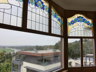 neue Fenster mit Bleiglas - Bleiglasfenster - Holzfenster Jugendstil-Villa Dresden