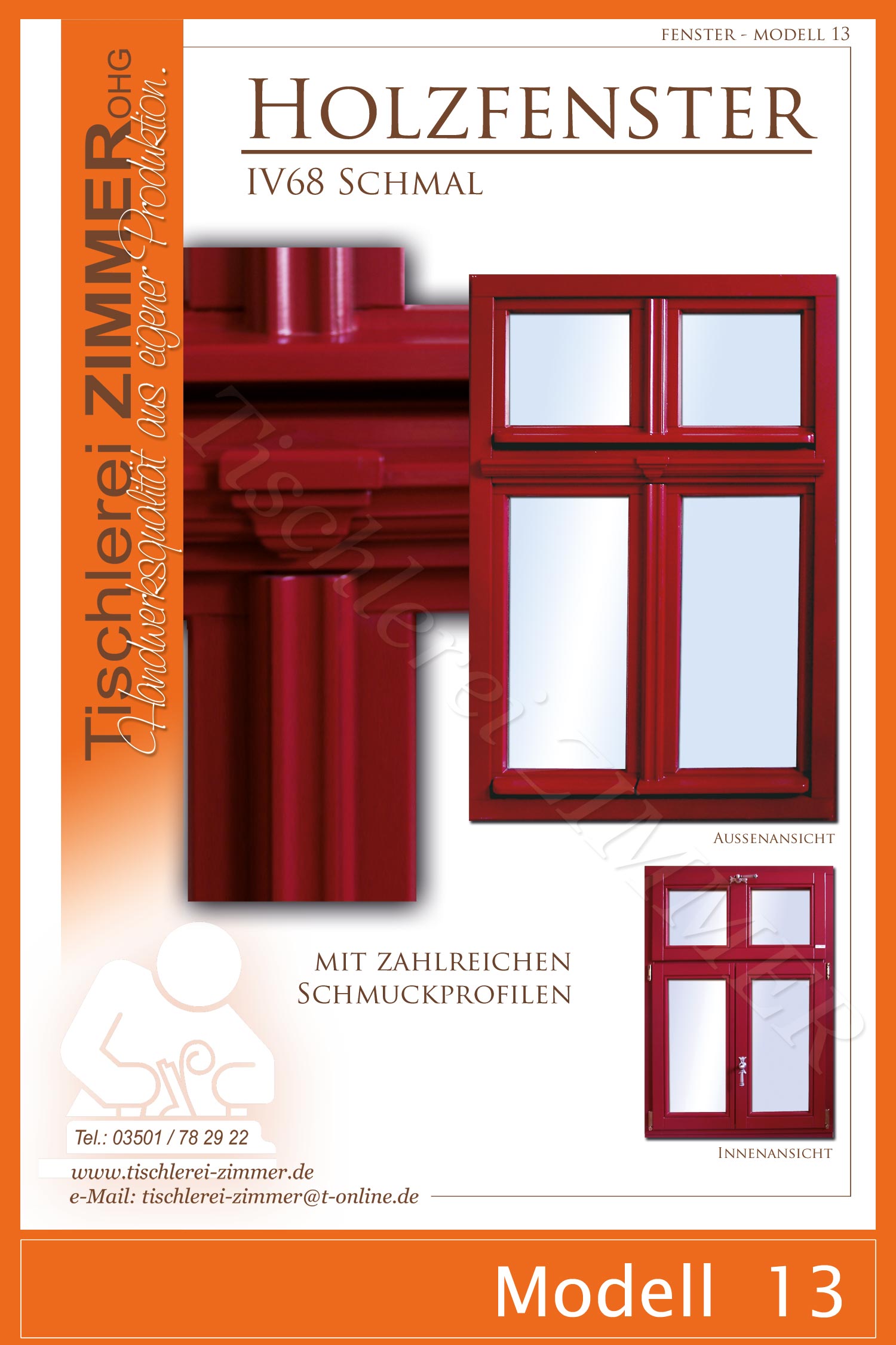 Modell 13 - traditionelle Holzfenster mit Zierprofilen in Rot